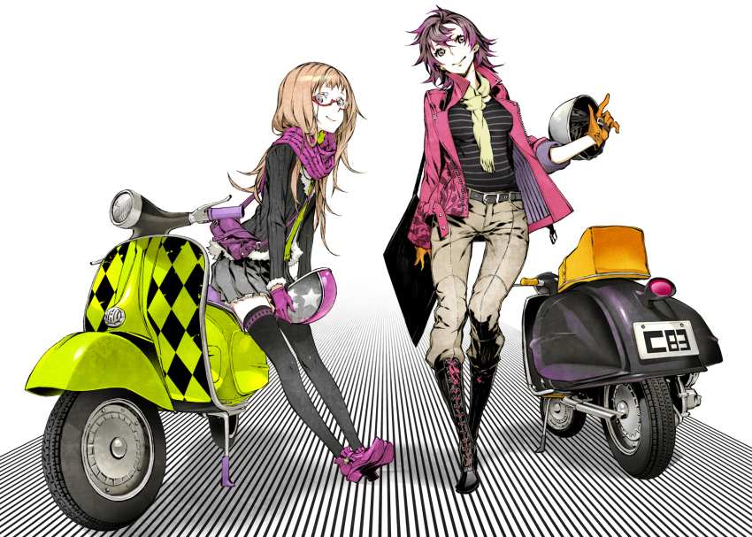 2girls bag black_hair black_legwear blonde_hair blue_eyes boots brown_hair glasses gloves handbag helmet highres jacket long_hair looking_at_viewer miwa_shirow motor_vehicle motorcycle multicolored_hair multiple_girls original pants purple_eyes purple_hair purple_scarf scarf scooter short_hair sitting skirt smile thighhighs two-tone_hair vehicle vespa yellow_scarf