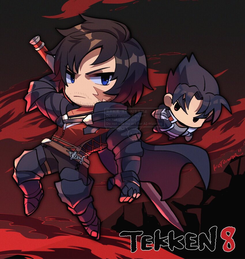 2boys belt black_cape black_footwear black_gloves black_hair blue_eyes brown_belt cape clive_rosfield final_fantasy final_fantasy_xvi gloves highres holding holding_sword holding_weapon kazama_jin kotorai male_focus multiple_boys no_nose red_background red_shirt scar scar_on_face shirt short_hair signature sparse_stubble sword tekken tekken_8 v-shaped_eyebrows weapon