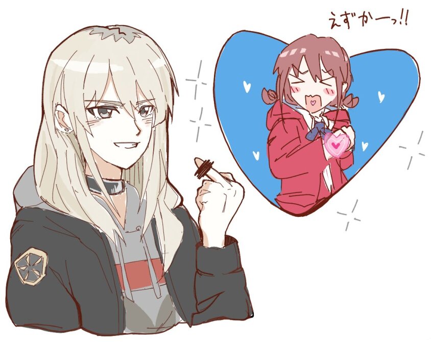 &gt;_&lt; black_choker black_jacket blush brown_hair censored censored_gesture choker clenched_teeth closed_eyes cropped_torso earrings girls_band_cry grey_eyes grey_hair grey_hoodie heart heart_in_mouth hood hood_down hooded_jacket hoodie iseri_nina jacket jewelry kawaragi_momoka long_hair low_twintails middle_finger multicolored_hair n_nai_nai_n open_clothes open_jacket open_mouth red_jacket roots_(hair) short_hair short_twintails sidelocks simple_background stud_earrings teeth twintails upper_body white_background yuri