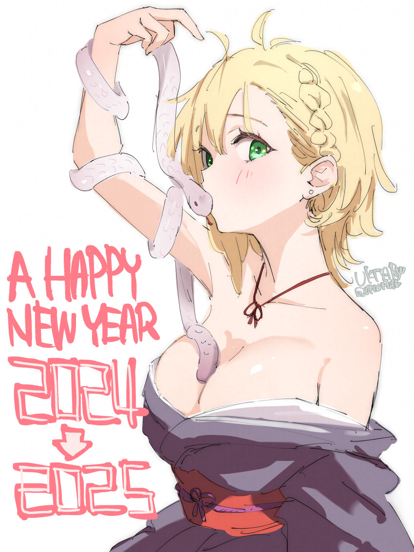 1girl 2024 2025 absurdres alternate_costume arm_up arrow_(symbol) artist_name bare_shoulders between_breasts blonde_hair braid breasts childhood_friend_(ukitaryu) chinese_zodiac cleavage collarbone commentary_request earrings english_text green_eyes happy_new_year highres japanese_clothes jewelry kimono large_breasts light_blush looking_at_viewer neck_ribbon new_year original purple_kimono red_ribbon red_sash ribbon sash short_hair simple_background single_braid snake snake_wrapped_around_arm solo ukitaryu white_background white_snake year_of_the_snake