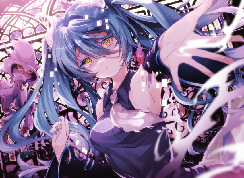 creatures_(company) detached_arm game_freak gen_4_pokemon ghost ghost_miku_(project_voltage) glitch glowing_neckwear grey_shirt hatsune_miku mismagius necktie nintendo pale_skin pokemon project_voltage shirt vocaloid white_necktie yudoufu_(littleplus)