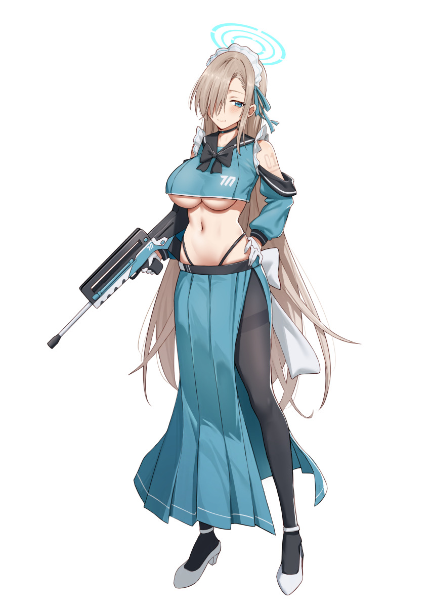 1girl absurdres alternate_costume assault_rifle asuna_(blue_archive) asymmetrical_bangs blue_archive blue_halo breasts bullpup crop_top detached_sleeves famas full_body gun hair_over_one_eye halo hand_on_own_hip highleg highleg_panties highres holding holding_gun holding_weapon large_breasts light_brown_hair long_hair long_skirt maid_headdress midriff navel number_tattoo panties pantyhose pleated_skirt rifle shoulder_tattoo side_slit skirt solo standing tachi-e tattoo thighband_pantyhose underboob underwear weapon white_background whitek