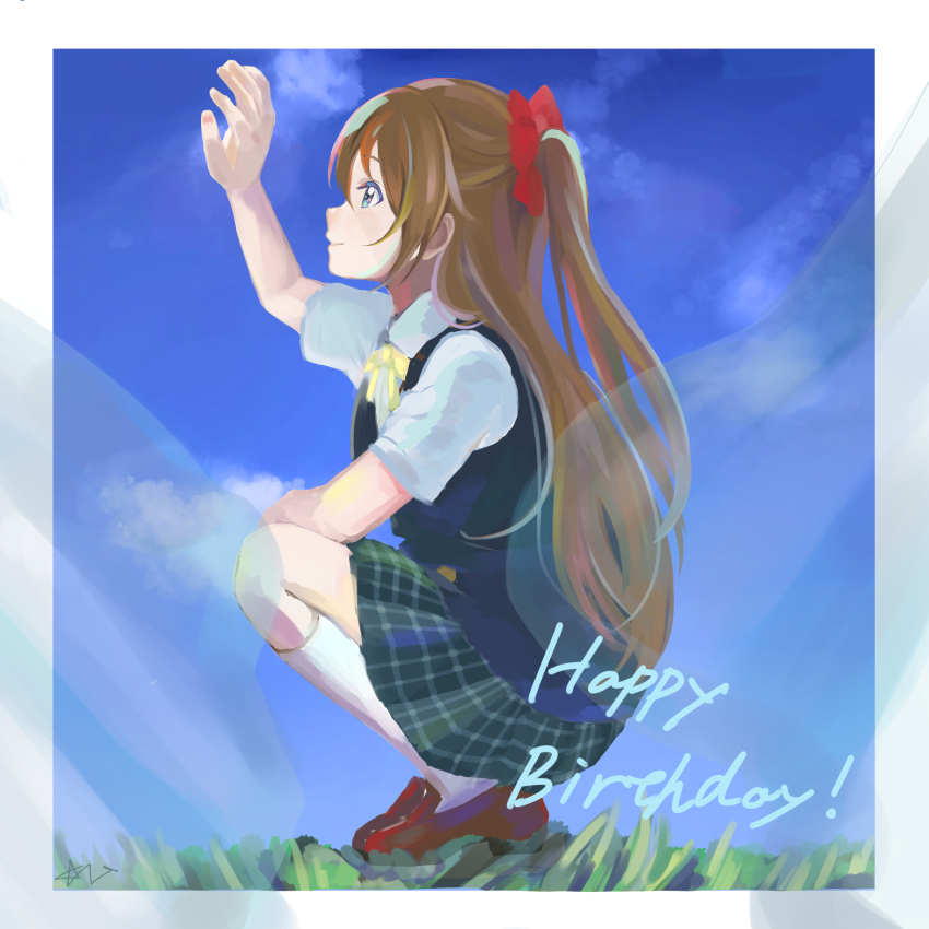 1girl aqua_eyes aqua_shirt artist_name artist_request bare_legs black_skirt black_vest blue_eyes blue_skirt blue_sky blush bow breasts brown_footwear brown_hair buttons checkered_clothes checkered_skirt cloud collared_shirt day elbow_on_knee female_focus full_body grass hair_between_eyes hair_bow hand_over_heart highres long_hair looking_at_viewer love_live! love_live!_nijigasaki_high_school_idol_club miniskirt nijigasaki_school_uniform osaka_shizuku outdoors parted_lips plaid_clothes plaid_skirt pleated pleated_skirt ponytail red_bow ribbon school_uniform shirt shoes short_sleeves sitting skirt sky small_breasts smile solo squatting sweater_vest vest white_legwear white_shirt yellow_buttons yellow_neckwear yellow_ribbon