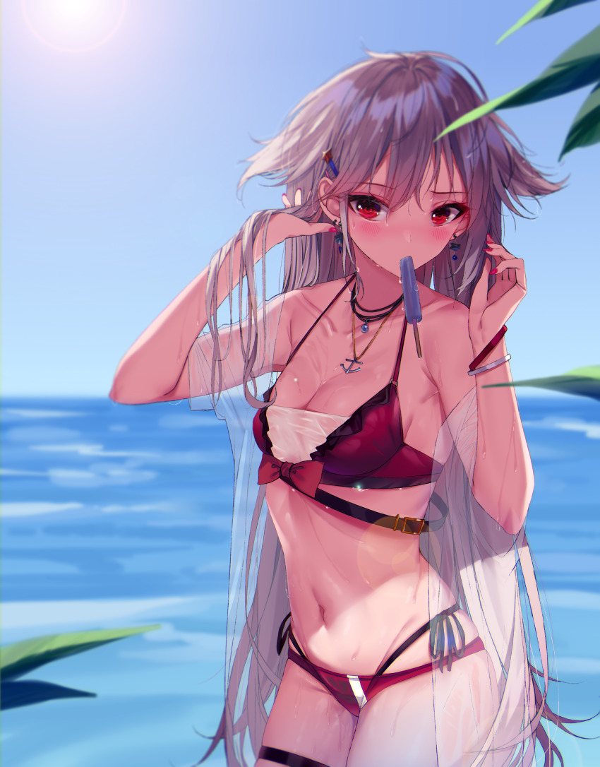 1girl absurdres adjusting_hair arms_up azur_lane bikini bracelet breasts cleavage collarbone cowboy_shot earrings food frilled_skirt frills hair_between_eyes hair_ornament highres jewelry long_hair looking_at_viewer montpelier_(azur_lane) mouth_hold nail_polish navel necklace piercing plant popsicle red_bikini red_eyes red_nails see-through_clothes shokuyou_koori silver_hair skindentation skirt sky solo stomach sunlight swimsuit thighlet very_long_hair water wet wet_hair