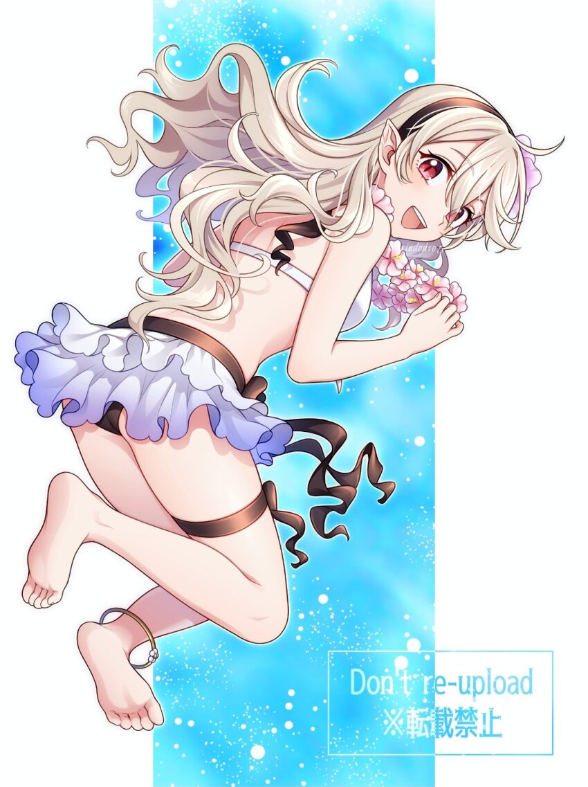 1girl :d barefoot bikini black_hairband blonde_hair corrin_(female)_(fire_emblem) corrin_(female)_(novice_vacationer)_(fire_emblem) corrin_(fire_emblem) feet fire_emblem fire_emblem_fates fire_emblem_heroes flower flower_necklace full_body hairband highres hiyori_(rindou66) jewelry lei long_hair looking_at_viewer looking_back necklace nintendo official_alternate_costume open_mouth pointy_ears red_eyes slit_pupils smile soles solo swimsuit teeth thigh_strap upper_teeth_only