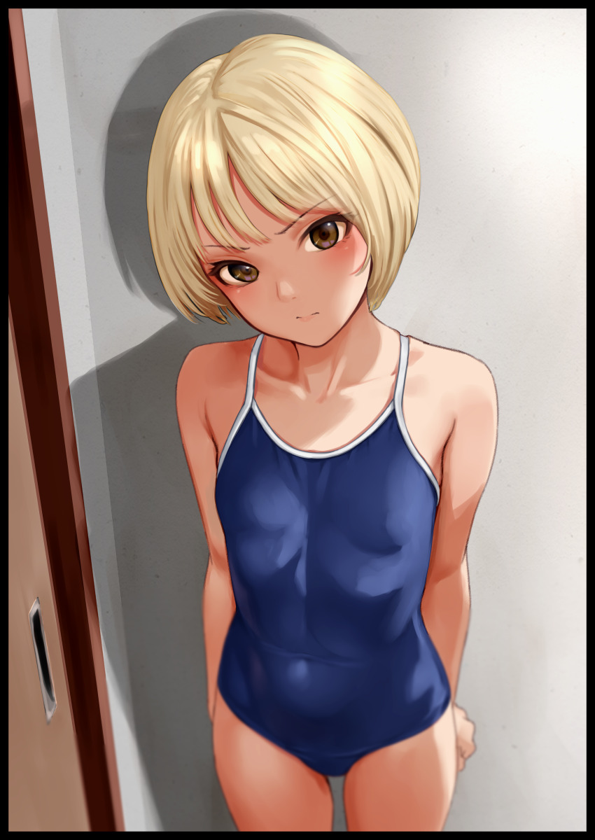 1girl absurdres against_wall arms_behind_back bare_arms bare_shoulders black_border blonde_hair blue_one-piece_swimsuit blurry bob_cut border breasts brown_eyes closed_mouth commentary_request cowboy_shot depth_of_field door frown head_tilt highres looking_at_viewer mutsumura_ryuuichi one-piece_swimsuit original paid_reward_available school_swimsuit shadow short_hair small_breasts solo swimsuit tsurime v-shaped_eyebrows variant_set