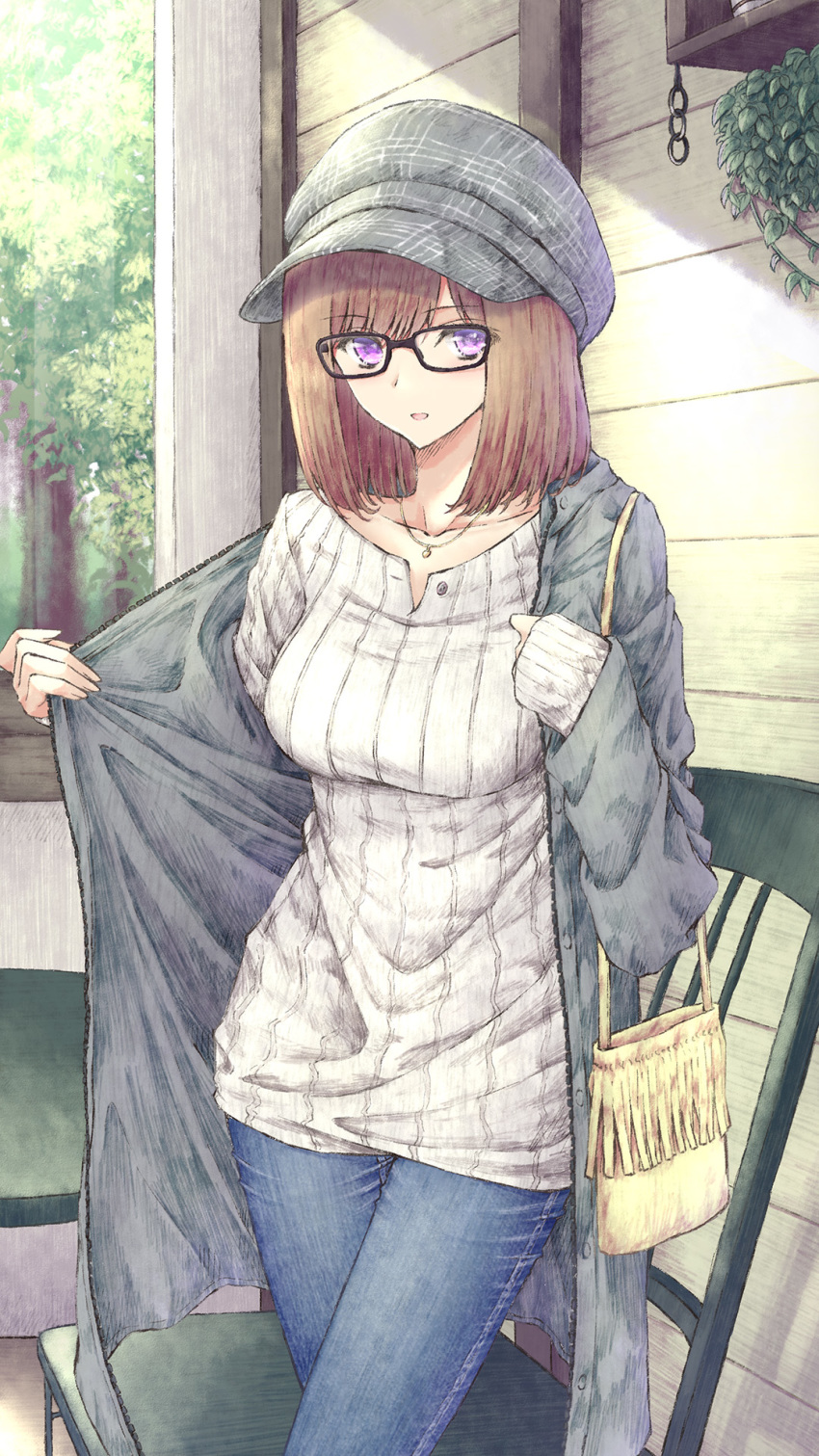 1girl aramachi bag black-framed_eyewear breasts brown_hair chair coat denim glasses grey_headwear handbag highres jeans jewelry long_sleeves medium_breasts medium_hair necklace original outdoors pants purple_eyes ribbed_shirt shirt solo standing