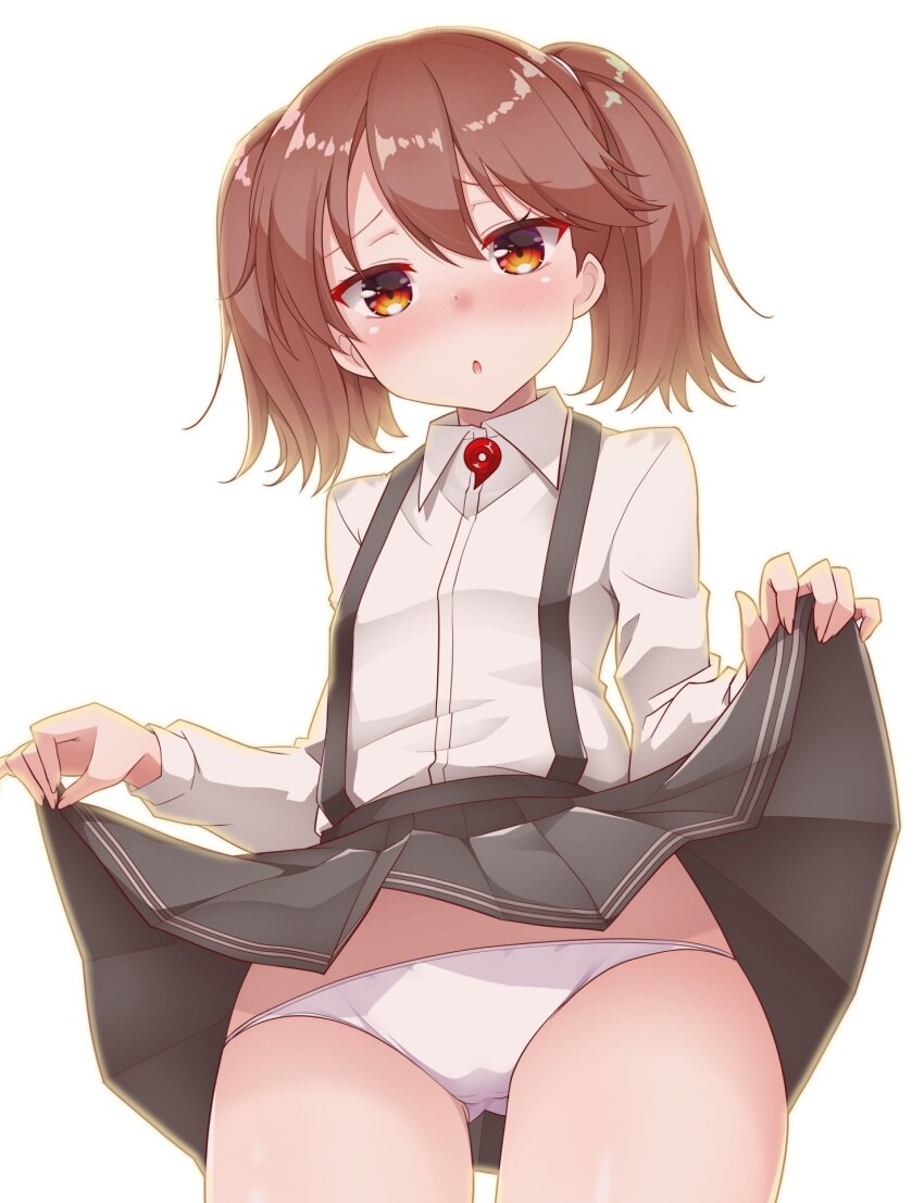 1girl :o backlighting blush brown_hair clothes_lift cowboy_shot from_below highres kantai_collection kirigakure_(kirigakure_tantei_jimusho) lifting_own_clothes long_sleeves magatama orange_eyes panties parted_lips pleated_skirt ryuujou_(kancolle) shirt simple_background skirt skirt_lift solo suspenders underwear white_background white_panties white_shirt