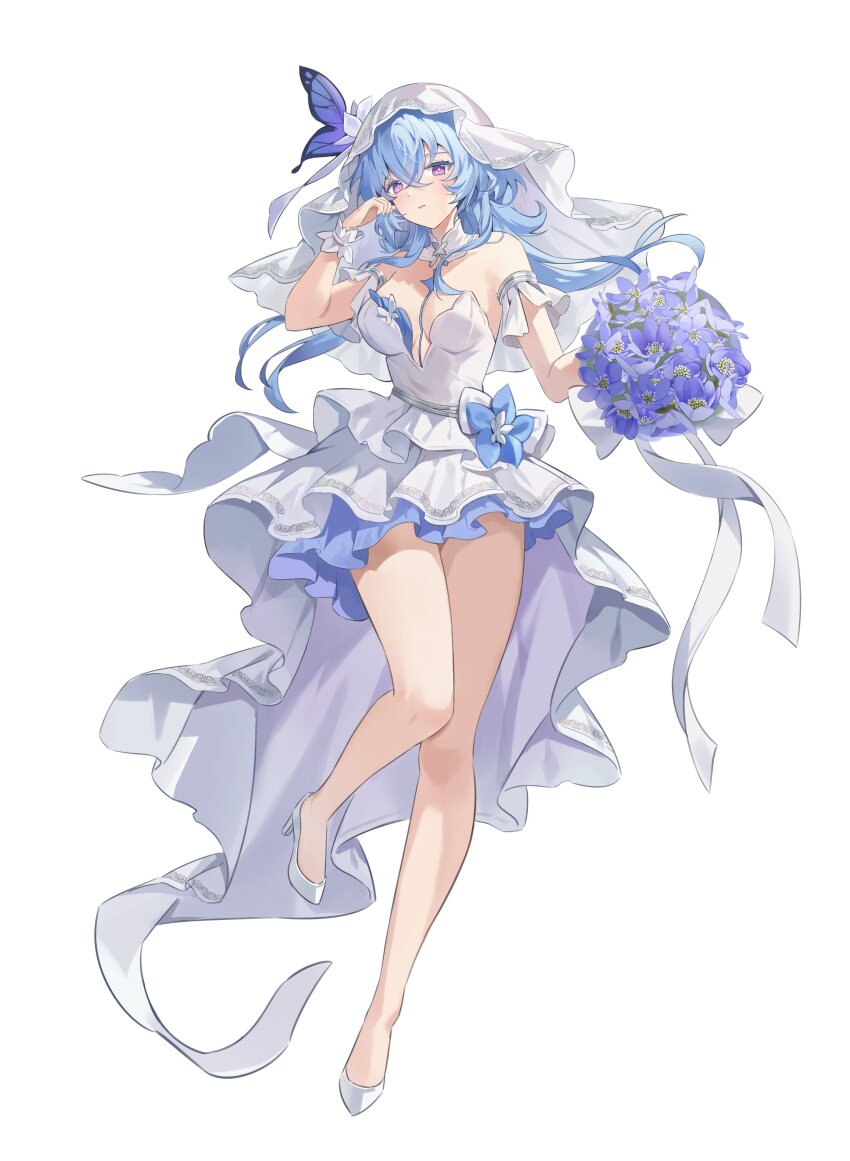 02bear20 1girl absurdres bare_shoulders blue_flower blue_hair blush bouquet breasts bridal_veil bride bug butterfly butterfly_on_head commentary_request crossed_bangs dress flower frilled_wrist_cuffs frills full_body hair_between_eyes hand_up high_heels highres holding holding_bouquet holding_own_hair insect korean_commentary large_breasts looking_at_viewer purple_butterfly purple_eyes shorekeeper_(wuthering_waves) simple_background solo strapless strapless_dress veil wedding_dress white_background white_dress white_footwear white_veil white_wrist_cuffs wrist_cuffs wuthering_waves