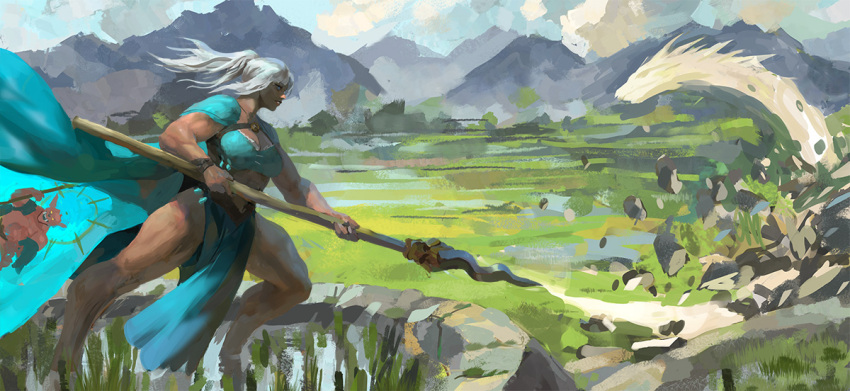 1girl battle blue_eyes cloak commission danila_kalinin dragon fighting_stance green_cloak holding holding_polearm holding_weapon loincloth mountainous_horizon muscular muscular_female original polearm solo tian_xiaoxiao_(mutageniccrow) weapon white_hair