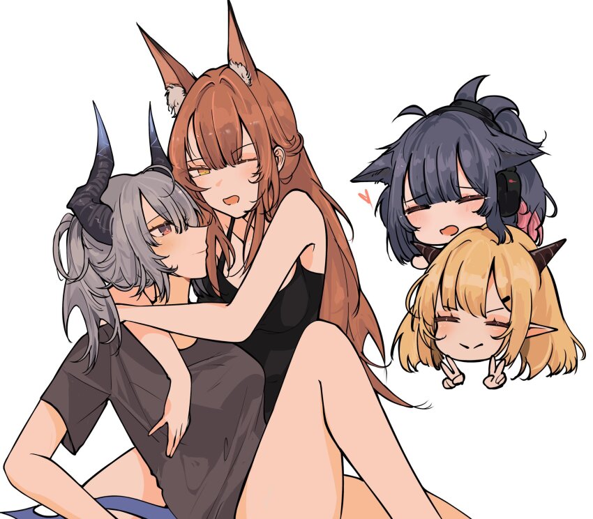 4girls animal_ear_fluff animal_ears arknights arms_around_neck bare_arms bare_shoulders black_camisole black_shirt blacksteel_worldwide_(arknights) blonde_hair brown_eyes brown_hair camisole chibi closed_eyes double_v dragon_girl dragon_horns fox_ears fox_girl franka_(arknights) grey_hair gupipy hair_between_eyes heart highres horns jessica_(arknights) liskarm_(arknights) long_hair looking_at_another looking_at_viewer multiple_girls one_eye_closed open_mouth pointy_ears shirt short_hair short_sleeves simple_background sleeveless t-shirt v vanilla_(arknights) white_background yellow_eyes yuri