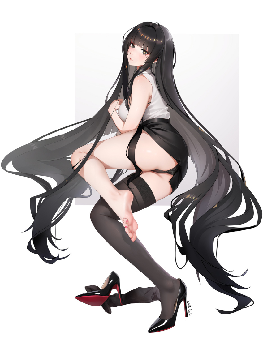 1girl arknights artist_name black_eyes black_footwear black_hair black_panties black_skirt black_thighhighs blunt_bangs breasts chinese_commentary closed_mouth commentary_request high_heels highres hime_cut large_breasts long_hair looking_at_viewer looking_to_the_side mole mole_under_eye panties patent_heels pumps red_soles shirt shoes simple_background single_bare_foot single_shoe single_thighhigh skirt sleeveless sleeveless_shirt solo stiletto_heels thighhighs underwear very_long_hair virtuosa_(arknights) white_background white_shirt xnnagu