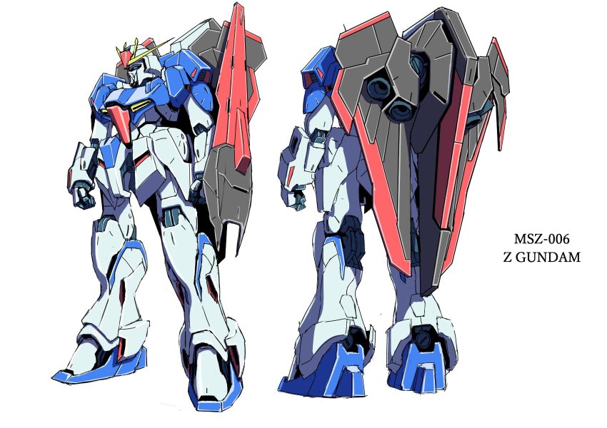 character_name clenched_hands green_eyes gundam highres mecha mecha_focus multiple_views no_humans robot standing teikoku_jokyoku v-fin white_background zeta_gundam zeta_gundam_(mobile_suit)