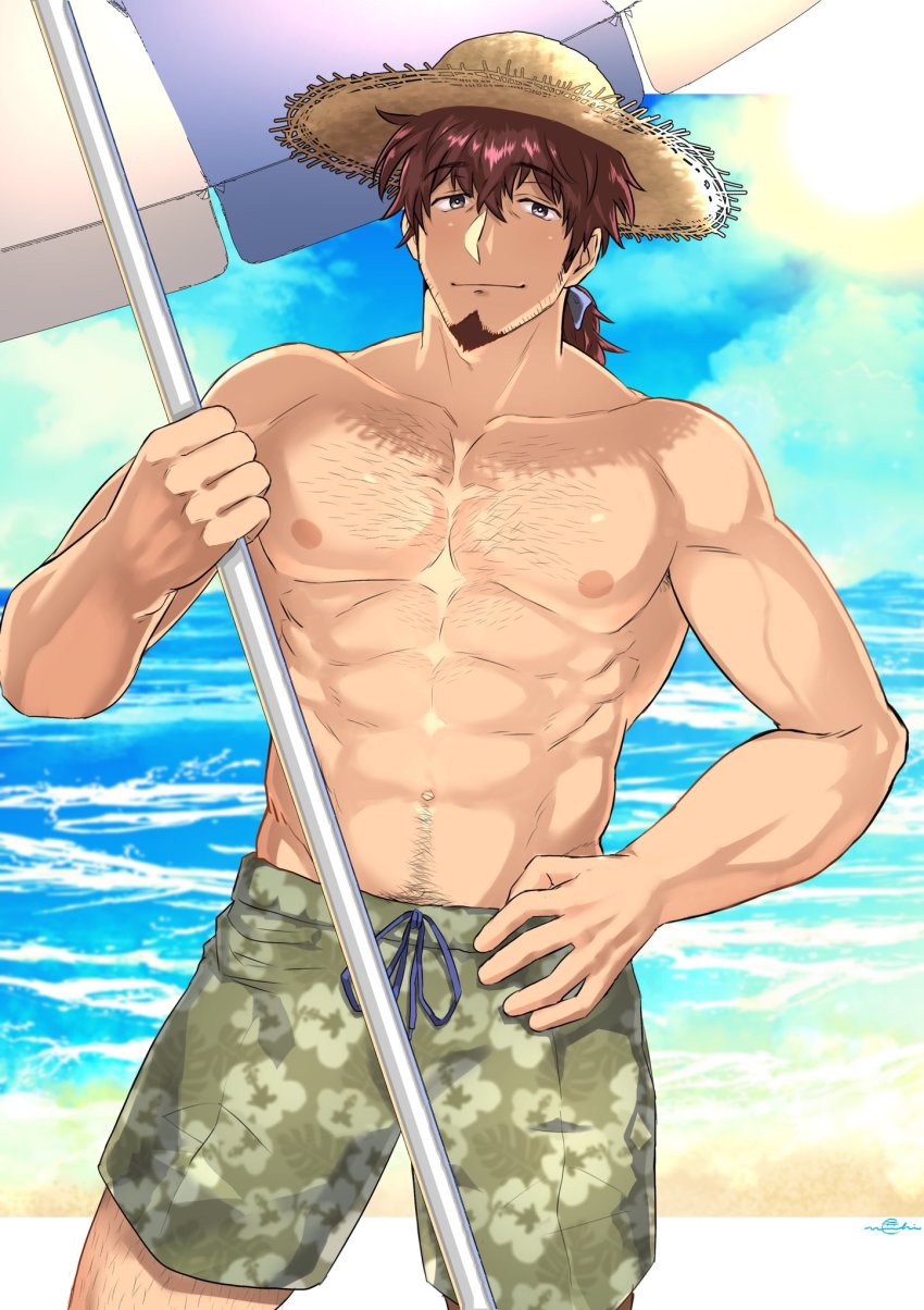 1boy abs bara brown_eyes brown_hair commentary_request facial_hair fate/grand_order fate_(series) goatee hector_(fate) highres holding long_hair looking_at_viewer male_focus muscular muscular_male navel niichi_(niichi21) nipples pectorals short_hair smile solo