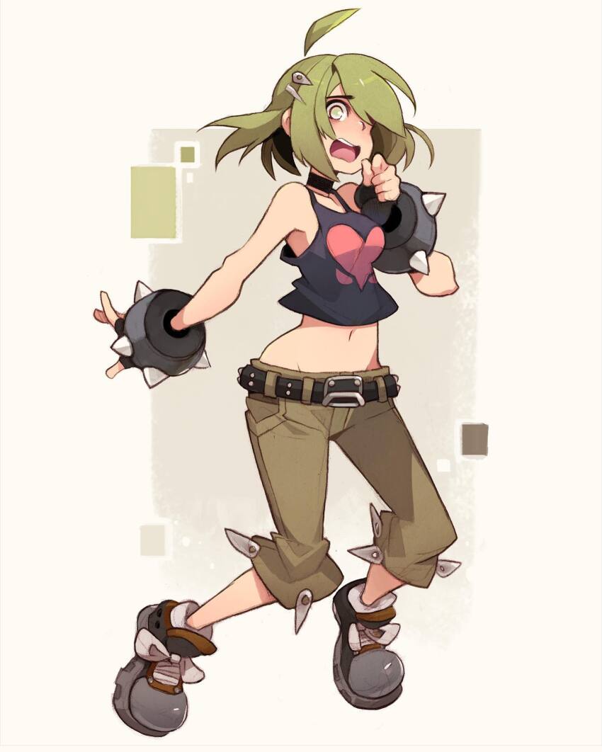 1girl ahoge black_tank_top bracelet breasts cargo_pants choker fingerless_gloves gloves green_eyes green_hair groin hair_ornament hairpin hand_on_own_cheek hand_on_own_face heart highres jewelry looking_at_viewer medium_breasts midriff original pants personification shaun_healey simple_background spiked_bracelet spikes standing tank_top