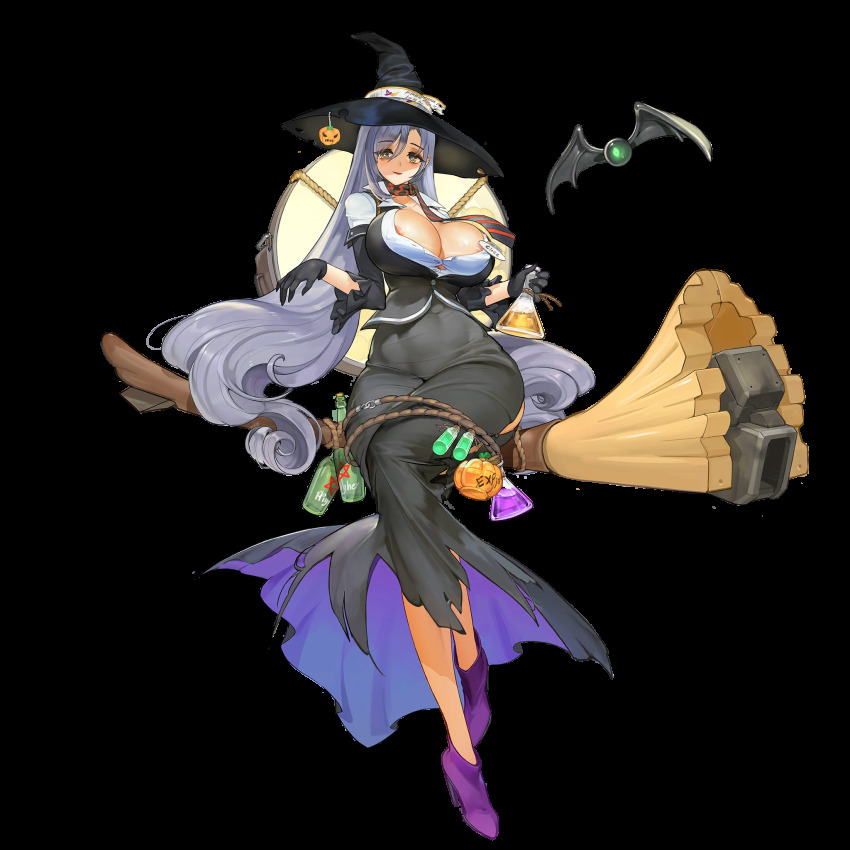 1girl @_@ areola_slip bags_under_eyes black_gloves black_skirt bottle breasts broom broom_riding character_name circe_(last_origin) cleavage covered_erect_nipples full_body game_cg gloves green_eyes grey_hair hair_between_eyes halloween hat high_heels highres huge_breasts last_origin long_hair long_skirt looking_at_viewer name_tag official_art rorobomb skirt solo tachi-e thighs transparent_background very_long_hair witch witch_hat