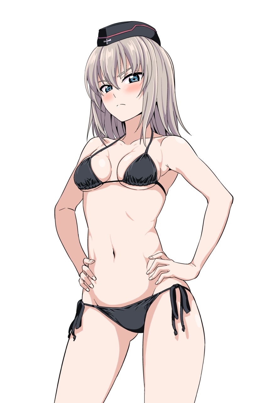 10s 1girl bikini black_bikini blue_eyes blush breasts female_focus frown garrison_cap girls_und_panzer hands_on_own_hips hat highres hiroyuki itsumi_erika long_hair looking_at_viewer md5_mismatch navel side-tie_bikini_bottom silver_hair simple_background small_breasts solo swimsuit white_background