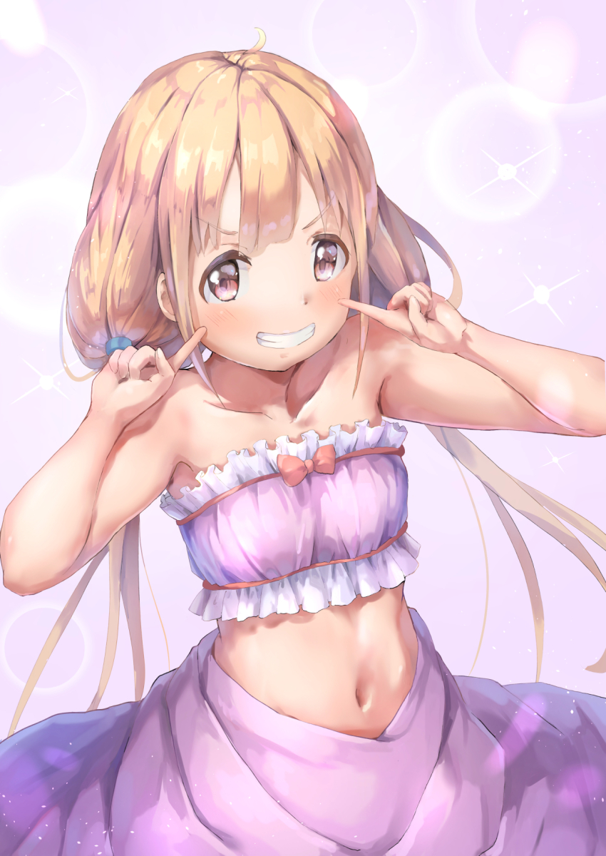 &gt;:) 1girl ahoge armpits blonde_hair blush breasts collarbone crop_top eyes_visible_through_hair fingers_to_cheeks frills futaba_anzu highres idolmaster idolmaster_cinderella_girls kyon_(kyouhei-takebayashi) long_hair long_skirt looking_at_viewer low_twintails midriff navel parted_bangs purple_background purple_skirt raised_eyebrows red_ribbon ribbon round_teeth sidelocks skirt small_breasts smile solo sparkle_background teeth twintails very_long_hair white_frills