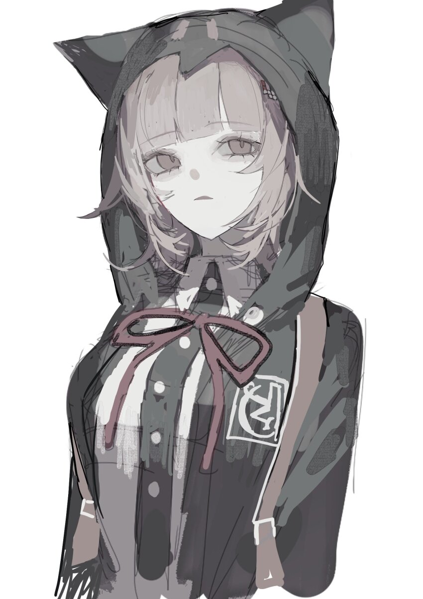 1girl breasts brown_hair collared_shirt danganronpa_(series) danganronpa_2:_goodbye_despair flipped_hair galaga gure_(sgr_1226) hair_ornament highres hood jacket long_sleeves medium_hair nanami_chiaki neck_ribbon open_clothes open_jacket pink_eyes pink_ribbon ribbon shirt solo two-tone_shirt white_shirt