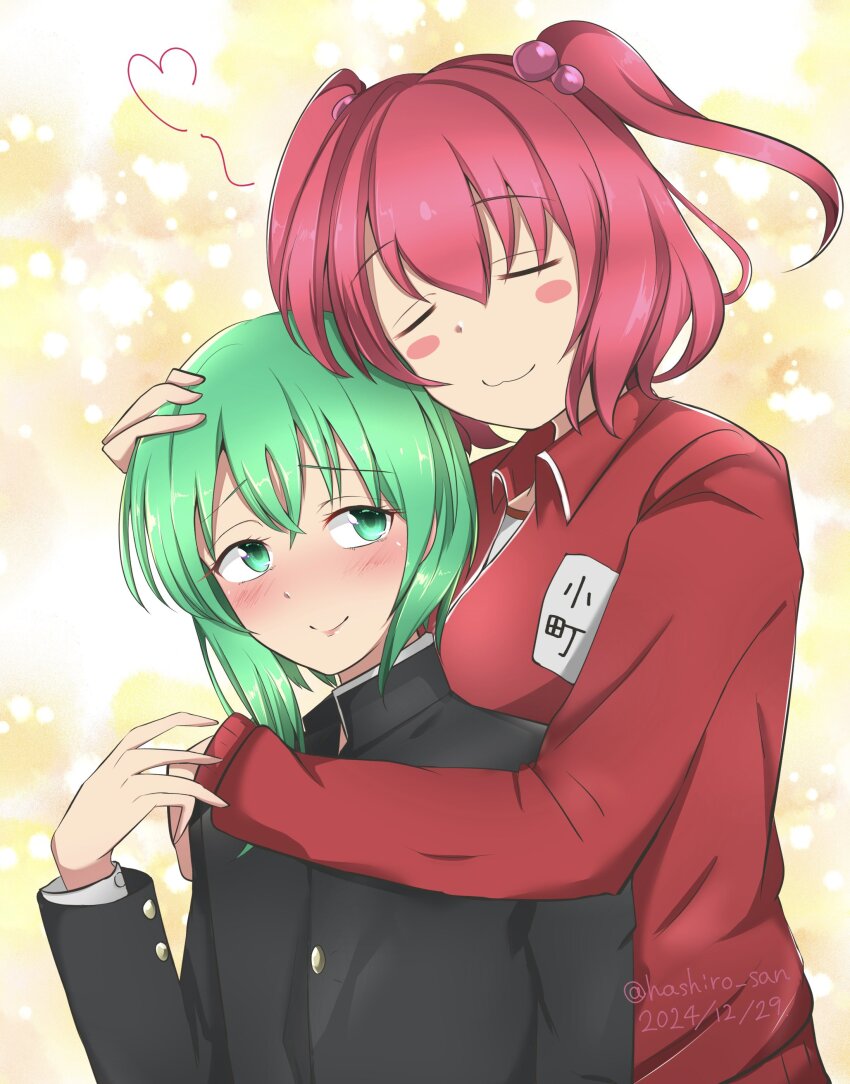 2girls absurdres alternate_costume blush character_name closed_mouth commentary_request commission green_eyes green_hair hair_bobbles hair_ornament hand_on_another&#039;s_head hashiro_fumi heart highres hug multiple_girls onozuka_komachi red_hair shiki_eiki smile touhou two_side_up upper_body yellow_background yuri