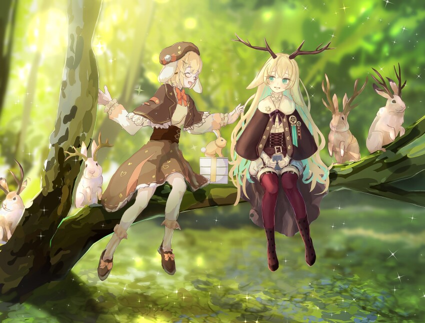 2girls animal_ears antlers beret blonde_hair blue_eyes blue_hair blush botan_(oacdrykafjf3g3d) bow bowtie branch brown-framed_eyewear brown_capelet brown_corset brown_hat capelet cellphone closed_eyes colored_inner_hair commentary_request corset dark_skin floppy_ears forest frilled_capelet frilled_sleeves frills full_body glasses hat highres holding holding_phone horns inaba_haneru_(10th_costume)_(animare) inaba_haneru_(animare) jackalope jackalope_girl long_hair long_sleeves looking_at_another looking_to_the_side multicolored_hair multiple_girls nanashi_inc. nature open_mouth orange_bow orange_bowtie phone rabbit rabbit_ears rabbit_girl red_thighhighs shirt short_hair shorts sitting_on_branch smartphone smile thighhighs tsukinoki_tirol very_long_hair virtual_youtuber white_shirt white_shorts