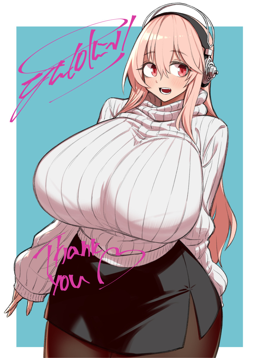 1girl absurdres blush breasts cowboy_shot headphones highres huge_breasts long_hair looking_at_viewer nitroplus open_mouth pantyhose pink_eyes pink_hair ribbed_sweater simple_background smile solo super_sonico sweater turtleneck turtleneck_sweater white_sweater yutorin_kakka