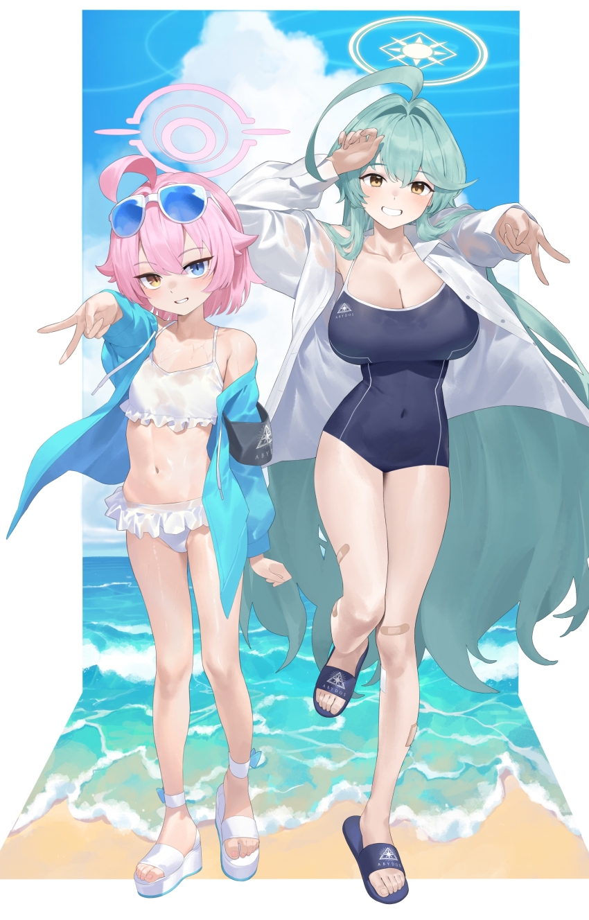 2girls absurdres abydos_high_school_swimsuit ahoge aqua_hair bandaid bandaid_on_leg bandaid_on_thigh beach bikini bikini_bralette black_one-piece_swimsuit blue-tinted_eyewear blue_archive blush breasts competition_school_swimsuit eyewear_on_head frilled_bikini frills hair_between_eyes halo heterochromia highres hoshino_(blue_archive) hoshino_(first_year)_(blue_archive) hoshino_(swimsuit)_(blue_archive) huge_ahoge large_breasts long_sleeves looking_at_viewer multiple_girls navel official_alternate_costume one-piece_swimsuit open_mouth pink_hair pink_halo ramuri sand school_swimsuit short_hair small_breasts smile sunglasses swimsuit swimsuit_under_clothes tinted_eyewear too_many_bandaids v water white-framed_eyewear white_bikini yellow_eyes yellow_halo yume_(blue_archive)