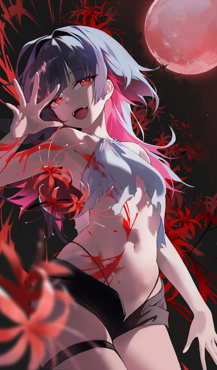 1girl absurdres armpits bare_arms bare_shoulders black_hair black_shorts breasts choyeon cowboy_shot crop_top fangs flower hand_up highleg highres long_hair looking_at_viewer micro_shorts midriff moon multicolored_hair navel open_fly open_mouth original panty_straps red_eyes red_hair red_moon shirt shorts skindentation sleeveless sleeveless_shirt small_breasts smile solo spider_lily stomach thigh_strap torn_clothes torn_shirt two-tone_hair white_shirt