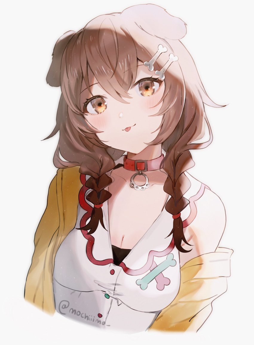 1girl :3 animal_collar animal_ears bone_hair_ornament braid breasts brown_eyes brown_hair buttons cleavage collar dog_ears dog_girl dog_tail dress hair_between_eyes hair_ornament hairclip highres hololive inugami_korone inugami_korone_(1st_costume) jacket long_hair looking_at_viewer low_twin_braids medium_breasts mochii off_shoulder red_collar short_dress smile solo tail tongue tongue_out twin_braids twitter_username virtual_youtuber white_background white_dress yellow_jacket