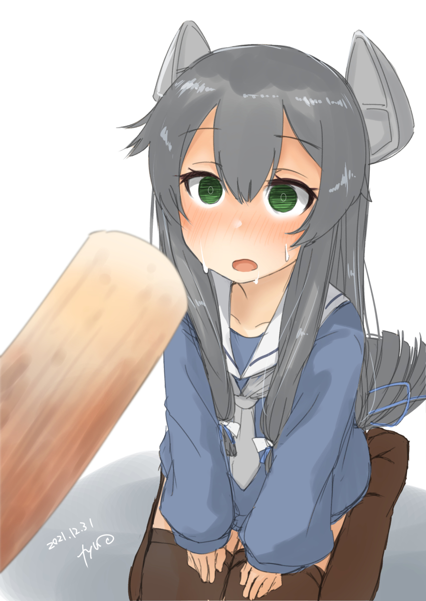 1girl absurdres artist_name black_hair black_thighhighs blush chikuwa collarbone dated food fyuo green_eyes grey_neckerchief hair_between_eyes highres i-47_(kancolle) kantai_collection long_hair long_sleeves low-tied_long_hair neckerchief one-hour_drawing_challenge open_mouth sailor_collar seiza signature sitting solo thighhighs white_sailor_collar