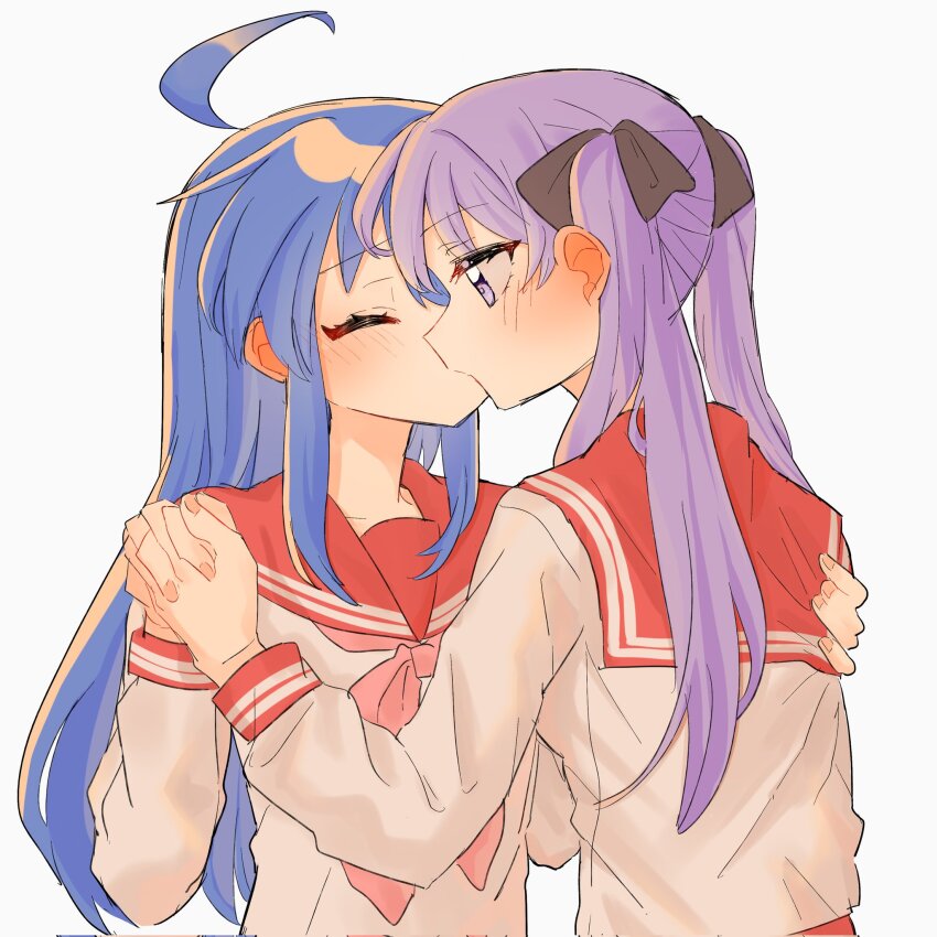 2girls black_ribbon blue_hair blush closed_eyes commentary corrupted_twitter_file hair_ribbon hand_on_another&#039;s_back highres hiiragi_kagami holding_hands interlocked_fingers izumi_konata kiss long_hair long_sleeves lucky_star misawa_yuka multiple_girls neckerchief pink_neckerchief purple_eyes purple_hair red_sailor_collar ribbon sailor_collar shirt simple_background twintails upper_body white_background white_shirt yuri