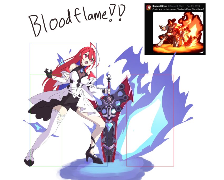 1boy 1girl absurdres ahoge bare_shoulders black_bodysuit blue_fire bodysuit breasts elizabeth_rose_bloodflame elizabeth_rose_bloodflame_(1st_costume) english_text fighting_game fire guilty_gear highres hitbox hololive hololive_english large_breasts long_hair red_eyes red_hair reference_inset rooby_n simple_background skirt sol_badguy solo_focus thorn_(elizabeth_rose_bloodflame) tweet virtual_youtuber white_background white_skirt