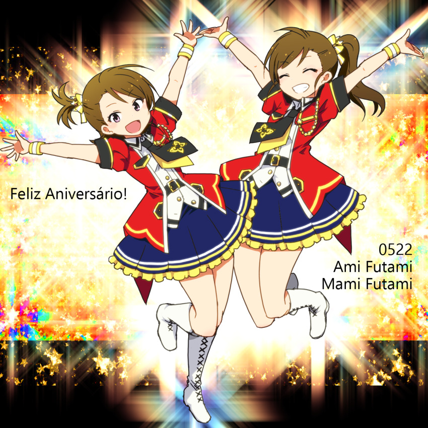 2girls ^_^ animal_print arms_up belt black_belt blue_skirt boots bow bracelet breasts brown_hair butterfly_print character_name closed_eyes dated dot_nose frilled_skirt frills full_body futami_ami futami_mami grin hair_bow hair_ribbon happy_birthday highres idolmaster idolmaster_(classic) idolmaster_million_live! idolmaster_million_live!_theater_days jacket jewelry jumping kidachi leg_up long_hair looking_at_viewer multicolored_background multiple_girls necktie open_clothes open_hands open_jacket open_mouth outstretched_arms pleated_skirt portuguese_text print_necktie purple_eyes red_jacket ribbon shiny_trinity_(idolmaster) shirt short_hair short_sleeves siblings side_ponytail sisters skirt small_breasts smile sparkle standing standing_on_one_leg star_(symbol) star_symbol_background translated twins two-tone_necktie white_footwear white_shirt yellow_ribbon