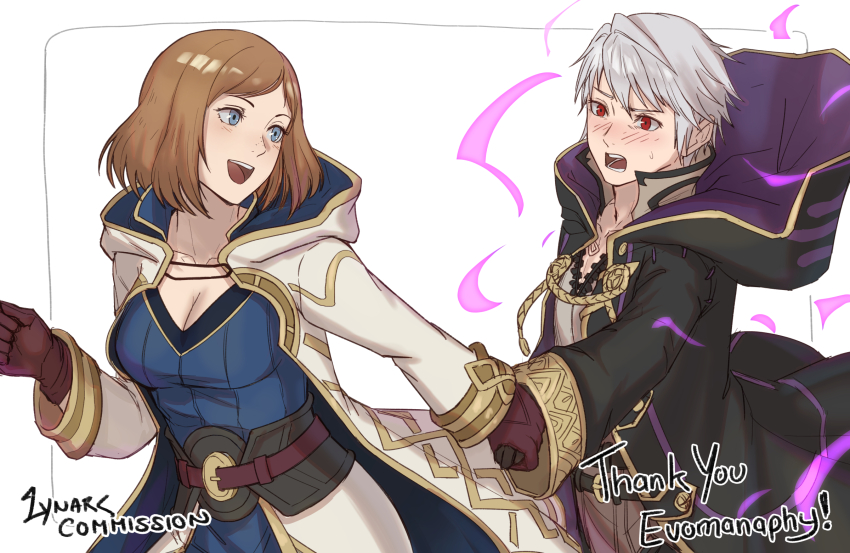 1boy 1girl artist_name aura belt belt_buckle blue_eyes blush breasts buckle cleavage cm_lynarc commission embarrassed fire_emblem fire_emblem_heroes freckles gloves grima_(fire_emblem) highres holding_hands kiran_(female)_(fire_emblem) kiran_(fire_emblem) ko-fi_commission large_breasts looking_at_another medium_hair nintendo red_eyes robin_(fire_emblem) robin_(male)_(fire_emblem) smile white_background white_hair