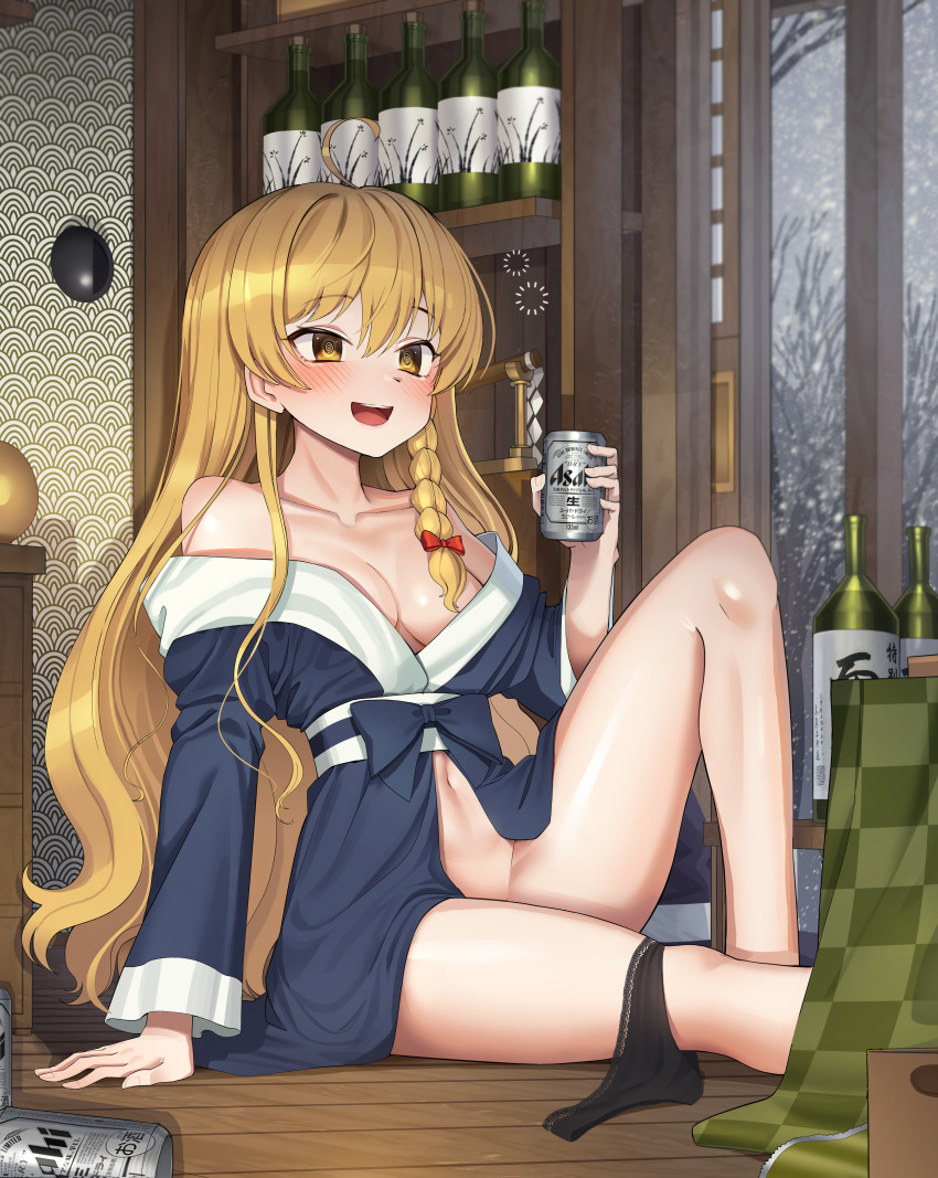 1girl :d @_@ absurdres ahoge alcohol arm_support asahi_breweries bare_shoulders beer beer_can black_panties blonde_hair blush bottle braid breasts can cleavage drink_can drunk goback highres holding holding_can kirisame_marisa long_hair looking_ahead no_bra no_headwear off_shoulder open_mouth panties panties_around_leg panty_pull single_braid sitting sliding_doors small_breasts smile snowing solo squeans touhou underwear very_long_hair wooden_floor yellow_eyes