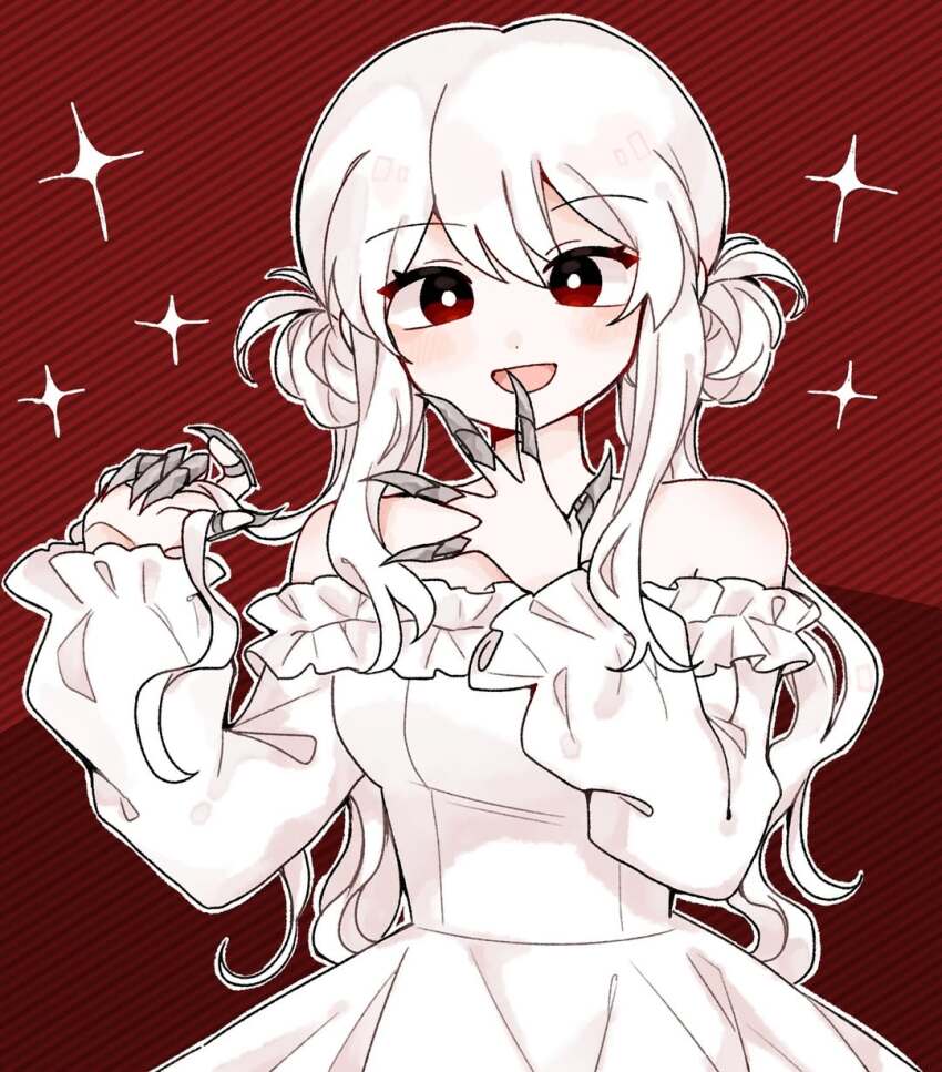 1girl :d animesketch bright_pupils commentary cowboy_shot dot_nose dress english_commentary fake_claws frilled_dress frills highres holding holding_own_hair limited_palette long_hair long_sleeves off-shoulder_dress off_shoulder open_mouth original pale_skin red_background red_eyes silver_claws simple_background smile solo sparkle twintails two_side_up white_dress white_hair white_pupils