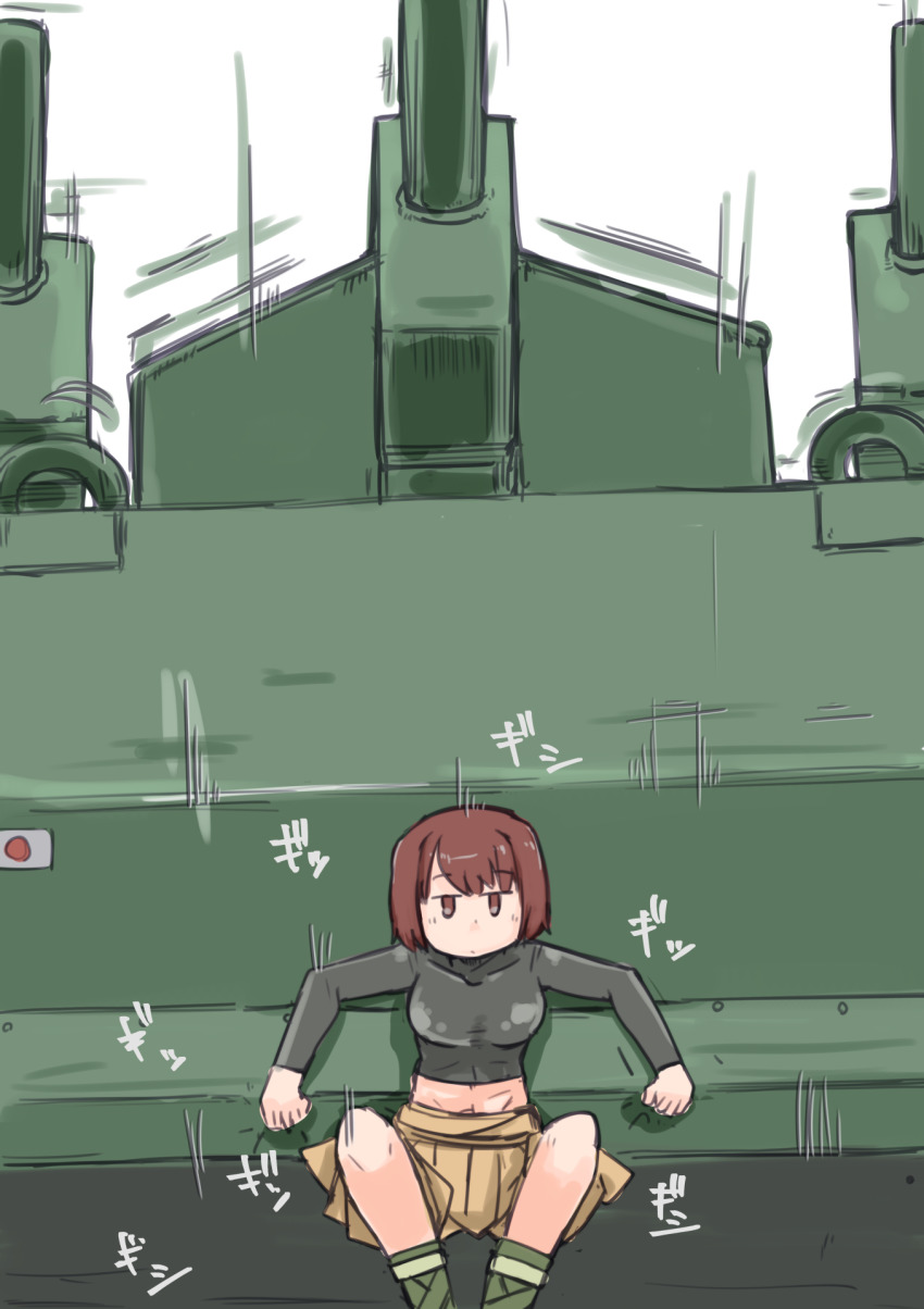 1girl bad_id bad_pixiv_id breasts brown_eyes brown_hair commentary_request enjaku_izuku expressionless highres hyuuga_(kancolle) japanese_flag kantai_collection military military_vehicle motor_vehicle o-i_(tank) shirt short_hair skirt solo squatting tank white_background