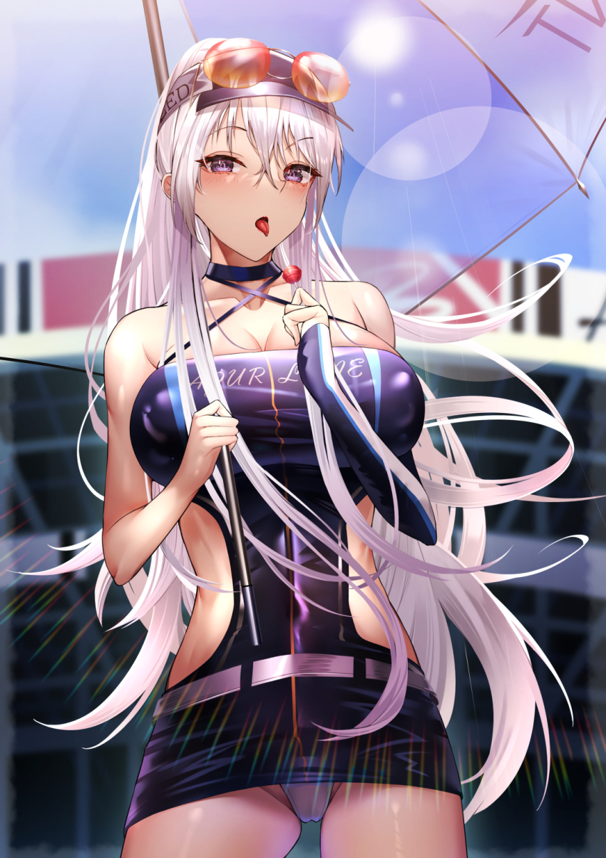 1girl azur_lane bare_shoulders blush bodycon breasts candy cleavage collarbone commentary covered_navel dated_commentary enterprise_(azur_lane) enterprise_(wind_catcher)_(azur_lane) eyewear_on_head feet_out_of_frame food highres holding holding_candy holding_food holding_lollipop holding_umbrella large_breasts leotard lollipop long_hair looking_at_viewer microskirt misa_pika official_alternate_costume open_mouth panties pantyshot purple_eyes purple_leotard race_queen simple_background skirt solo standing sunglasses tongue tongue_out umbrella underwear white_hair white_panties