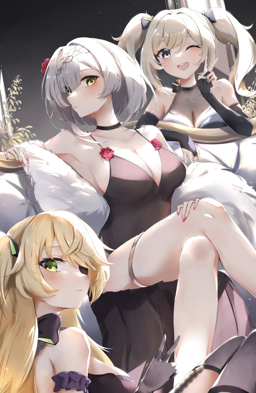 3girls ;d absurdres alternate_costume armpits barbara_(genshin_impact) bare_shoulders black_gloves blonde_hair braid breasts cleavage elbow_gloves elphe eyepatch fischl_(genshin_impact) genshin_impact gloves green_eyes grey_hair highres looking_at_viewer medium_breasts multiple_girls nail_polish noelle_(genshin_impact) one_eye_closed open_mouth pink_nails short_hair smile thigh_strap thighs twintails v