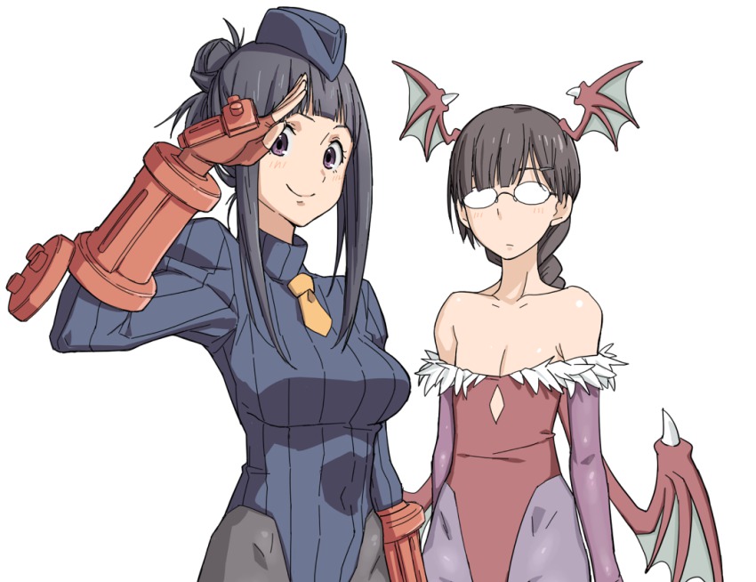 2girls bare_shoulders black_hair black_legwear blush braid breast_envy breasts capcom chitanda_eru cosplay demon_girl demon_wings fingerless_gloves flat_chest glasses gloves head_wings hyouka juli_(cosplay) juli_(street_fighter) juumonji_kaho leotard lilith_(darkstalkers) lilith_(darkstalkers)_(cosplay) long_hair looking_at_viewer medium_breasts multiple_girls opaque_glasses pantyhose purple_eyes red_leotard salute simple_background small_breasts smile street_fighter tenchisouha darkstalkers white_background wings