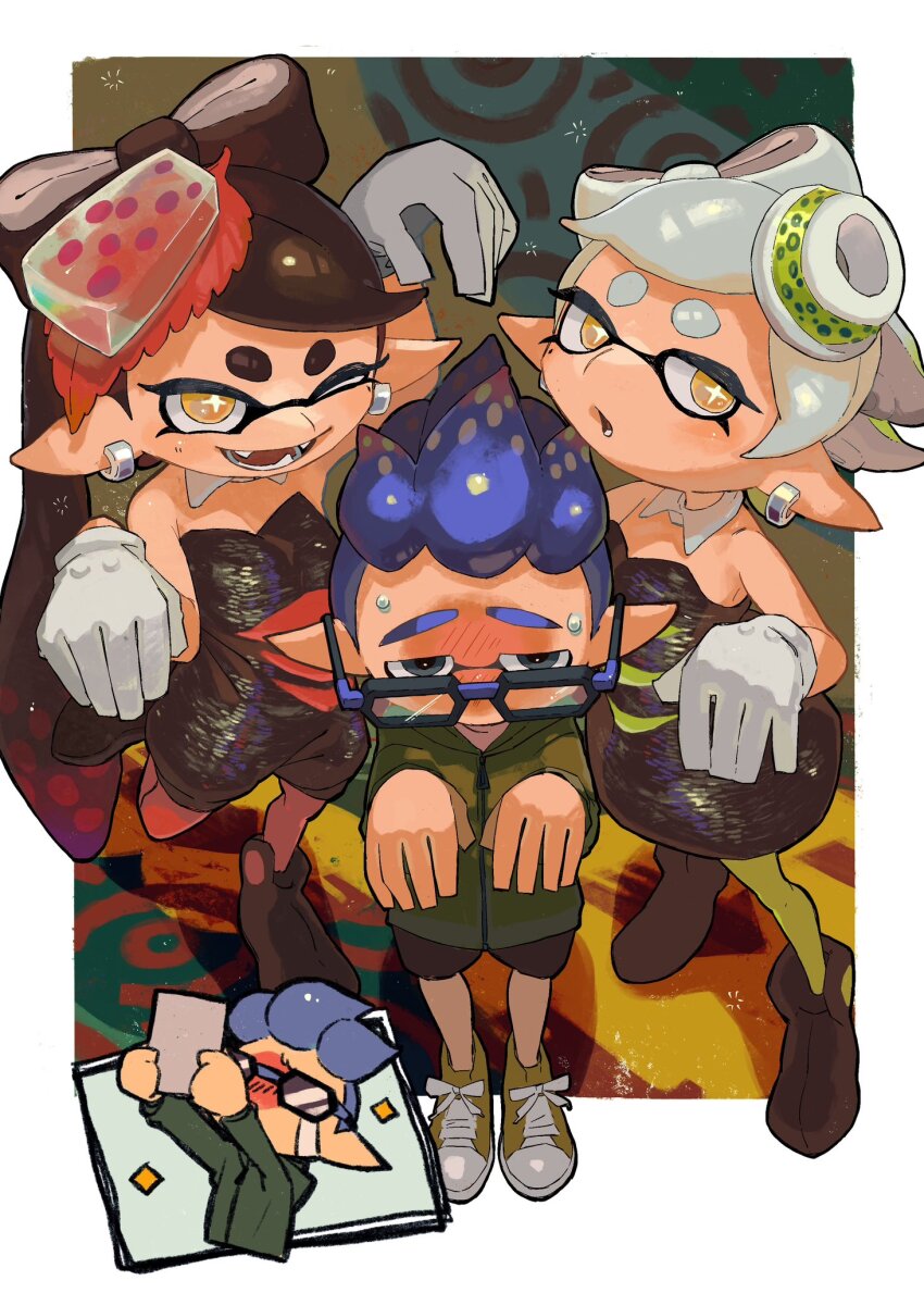 1boy 2girls black_hair blue_hair blush callie_(splatoon) glasses grey_hair highres holding holding_photo inkling inkling_boy inkling_player_character looking_at_viewer marie_(splatoon) multiple_girls nintendo one_eye_closed photo_(object) sanyu_uuu splatoon_(series) stay_fresh_(pose) sweat tentacle_hair