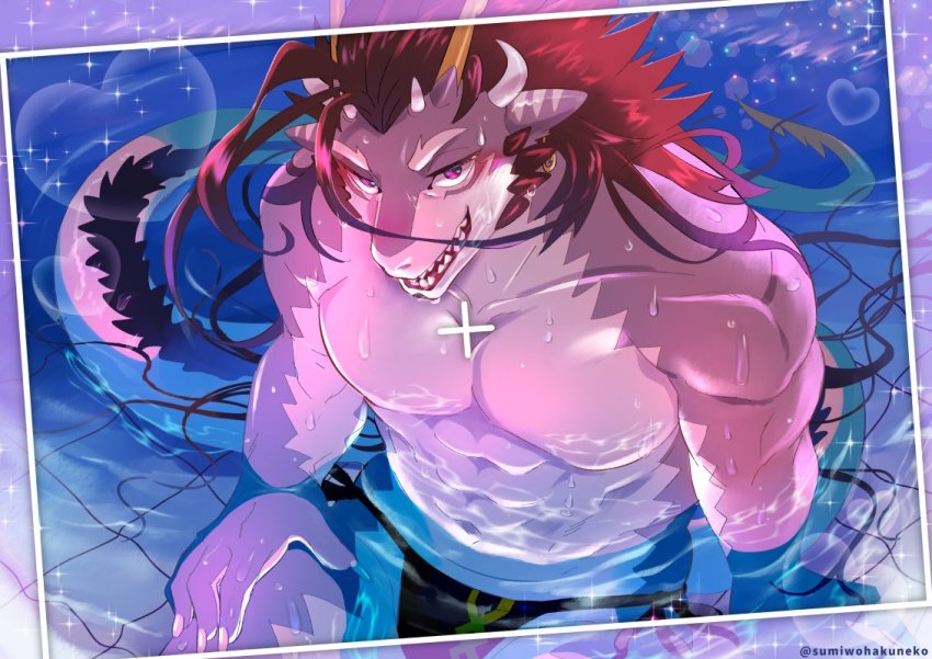 1boy animal_ears bara black_hair black_male_swimwear black_swim_briefs blush commentary_request dragon_boy dragon_horns dragon_tail earrings fingernails framed from_above furry furry_male fuxi_(housamo) heart horns jewelry large_pectorals long_hair looking_at_viewer male_focus male_swimwear muscular muscular_male no_nipples open_mouth partially_submerged pectorals pool purple_eyes sharp_fingernails sharp_teeth solo sparkle sumi_wo_hakuneko swim_briefs swimsuit tail teeth tokyo_houkago_summoners twitter_username upper_body viewfinder water_drop