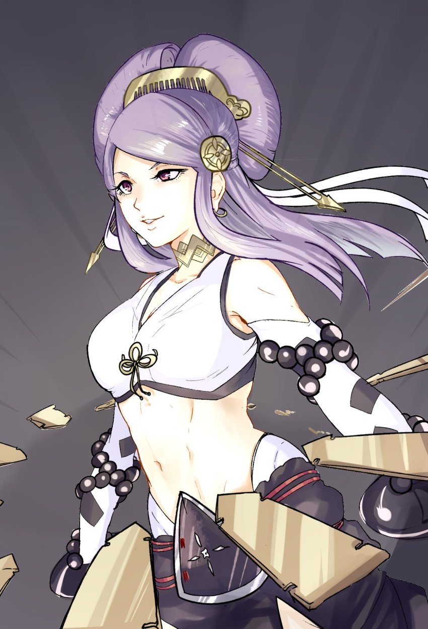 1girl bare_shoulders beads bracelet breasts choker comb double_bun earrings fire_emblem fire_emblem_fates hair_bun hair_ornament highres japanese_clothes jewelry large_breasts medium_hair midriff misokatsuhaumai nintendo orochi_(fire_emblem) purple_hair