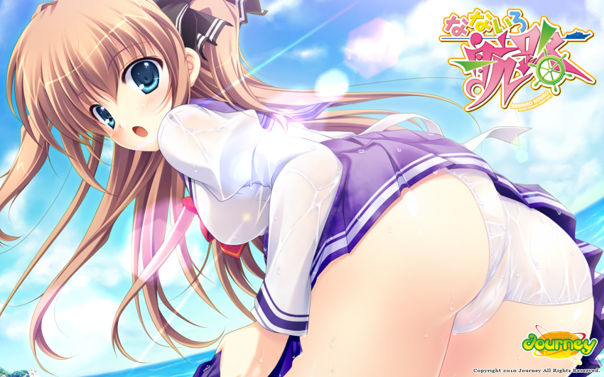 1girl aqua_eyes ass asuka_mirai brown_hair female_focus hair_ribbon highres long_hair mikeou nanairo_kouro open_mouth panties pleated_skirt ribbon school_uniform skirt solo underwear wet wet_clothes white_panties