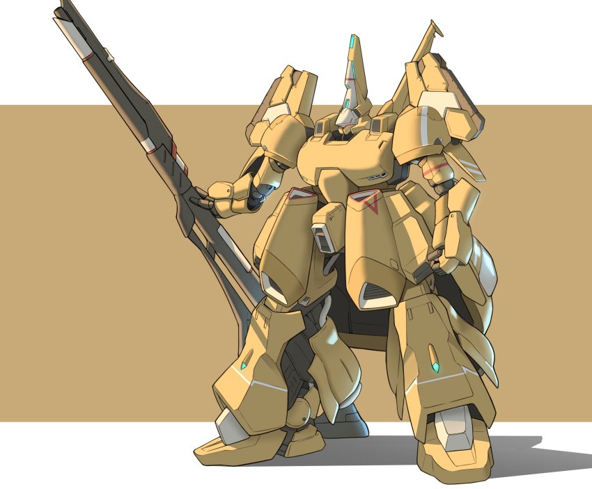 absurdres clenched_hand gun gundam highres holding holding_gun holding_weapon mecha mobile_suit no_humans redesign robot science_fiction solo standing takahashi_masaki the_o_(mobile_suit) visor weapon zeta_gundam