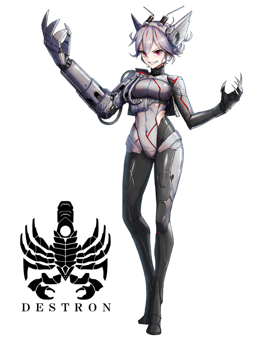 1girl bodysuit claws commentary cyborg eidenjyou1997 english_commentary evil_smile genderswap genderswap_(mtf) headband highres hose kamen_rider kamen_rider_v3_(series) logo mechanical_arms mechanical_ears monster_girl mouse_girl red_eyes simple_background single_mechanical_arm smile solo spray_nezumi teeth tube white_background