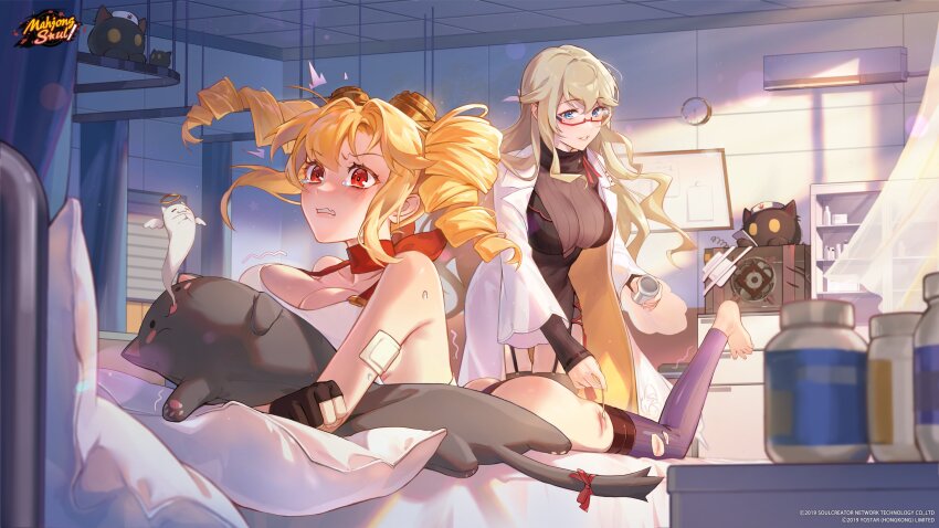 2girls absurdres artist_request ass bandages black_gloves blonde_hair blue_eyes breasts commentary english_commentary fingerless_gloves garter_straps glasses gloves halo highres indoors infirmary kisaragi_ayane lab_coat large_breasts leggings long_hair mahjong_soul mirai_(mahjong_soul) multiple_girls official_art official_wallpaper on_bed pillow red-framed_eyewear red_eyes scrape tearing_up torn_clothes torn_leggings twintails