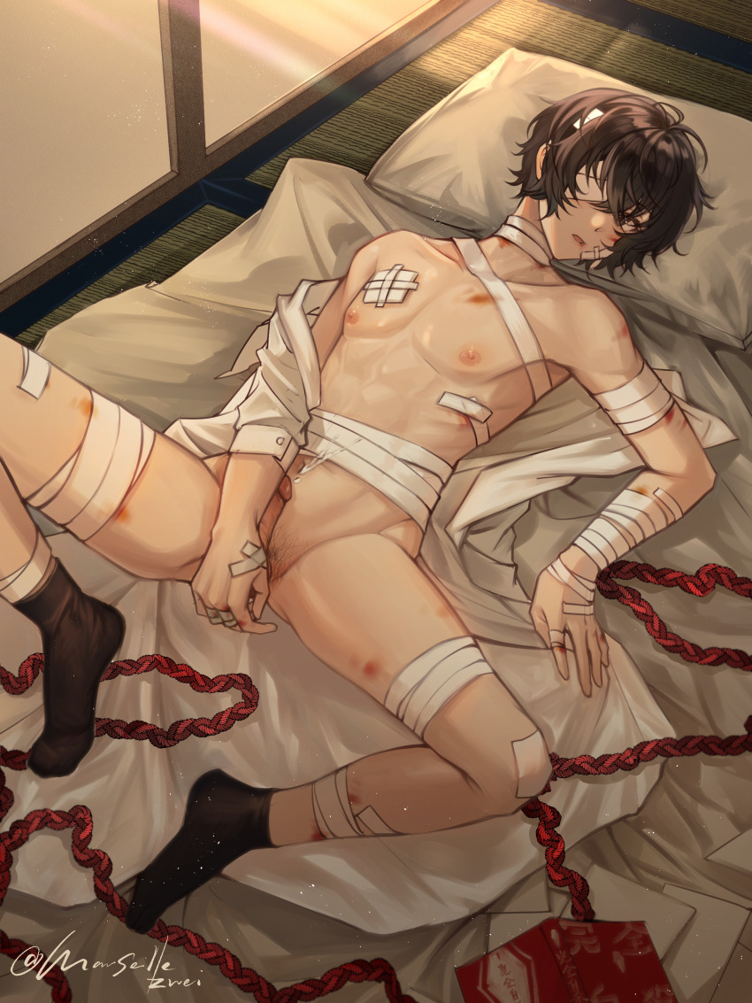 1boy absurdres bandage_on_face bandage_over_one_eye bandaged_arm bandaged_hand bandaged_head bandaged_leg bandaged_neck bandages bed_sheet between_legs black_socks book brown_eyes brown_hair bruise bungou_stray_dogs cum cum_on_body cum_on_male cum_on_self cum_on_stomach dazai_osamu_(bungou_stray_dogs) erection futon hand_between_legs highres indoors injury kleinlight light_rays lying male_focus male_pubic_hair nipples on_back open_clothes paper parted_lips penis pillow pubic_hair rope short_hair signature socks solo spread_legs sunlight tatami uncensored