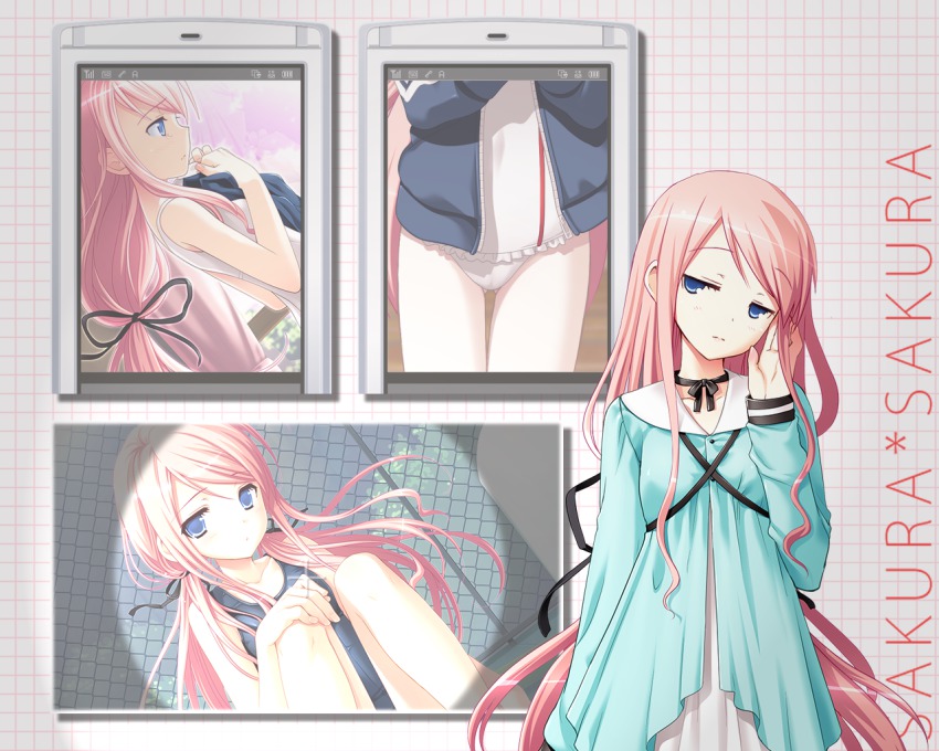 1girl athletic_leotard camera cellphone cellphone_photo choker dress gymnastics haikuo-soft jacket jacket_over_swimsuit jitome leotard long_hair one-piece_swimsuit phone photo_(medium) photo_(object) pink_hair ponytail ribbon ribbon_choker sakura_nanako sakura_sakura school_swimsuit swimsuit twintails very_long_hair