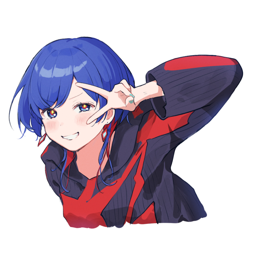 1girl black_hoodie blue_eyes blue_hair blush commentary_request cropped_torso diamond_earrings earrings grin hand_up highres hood hoodie jewelry kamitsubaki_studio long_sleeves looking_at_viewer memori_(egachachachan) multicolored_hair red_hair red_hoodie rim_(kamitsubaki_studio) simple_background smile solo streaked_hair two-tone_hoodie v v-shaped_eyebrows v_over_eye virtual_youtuber white_background yellow_pupils